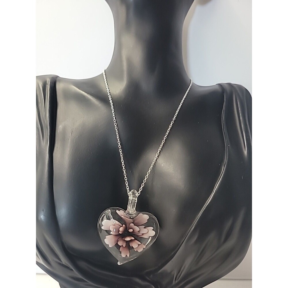 Vintage Glass Heart Pendant Necklace Pink Floral Encased Art Glass Jewelry